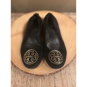 Tory Burch Black Suede Logo Ballet Flats with Gold Emblem